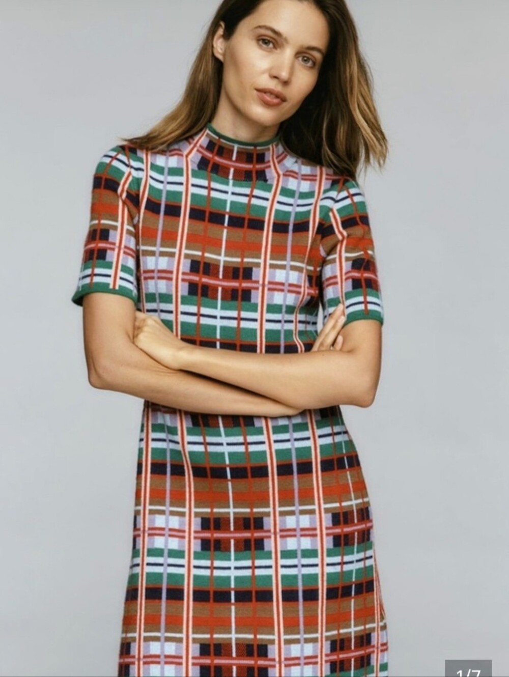 Anthropologie Plaid Knit Midi Dress in Orange, Green, Blue & Cream